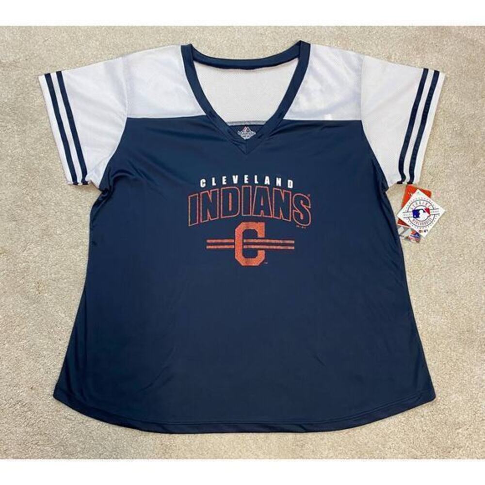 NWT Majestic Fan Fashion Cleveland Indians V-Neck Jersey Style Shirt Size 2X